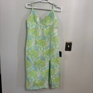 Lulus Rivetingly Radiant Green Floral Jacquard Sleeveless Midi Dress size medium